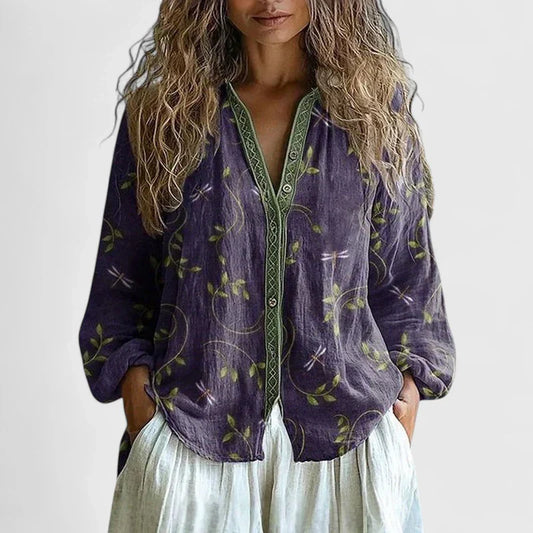 Calanthe | Lavender Elegant Blouse with Green Trim