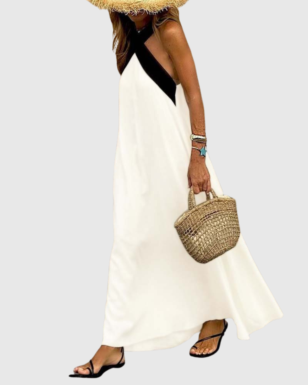 Calantha | Elegant White & Black Cross-Neck Dress