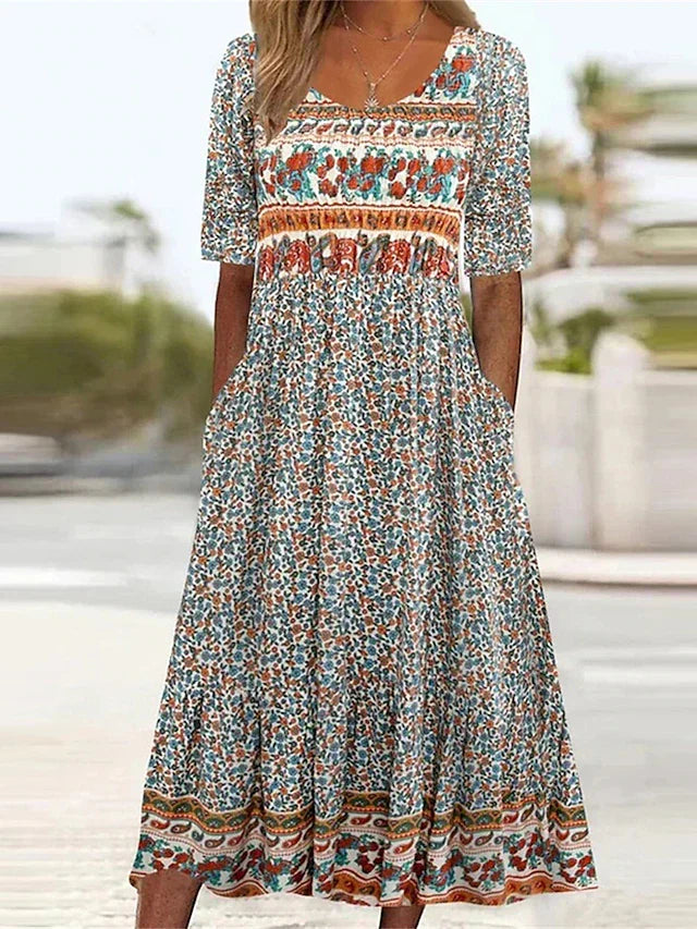 Calista | Boho Chic Printed Midi Dress with Short Sleeves in Floral Pattern