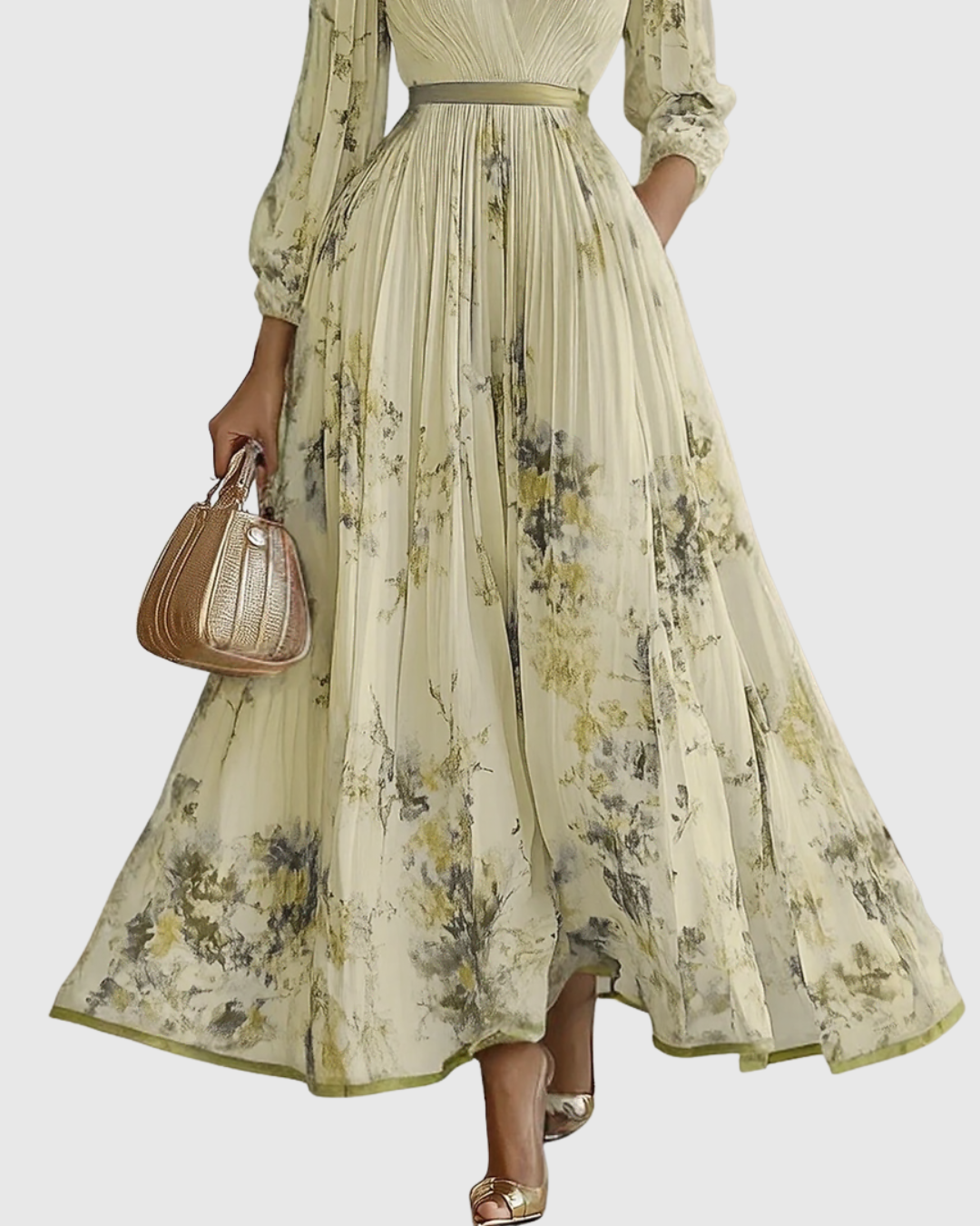 Calista | Elegant Pleated Maxi Dress in Floral White