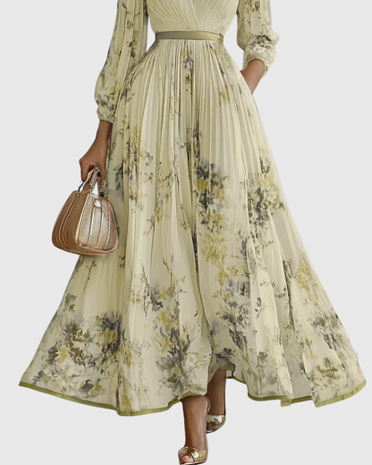 Calista | Elegant Pleated Maxi Dress in Floral White