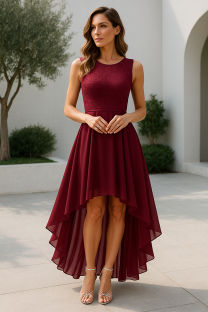 Alethea | Women’s Wedding Guest High-Low Elegant Red Lace Dress