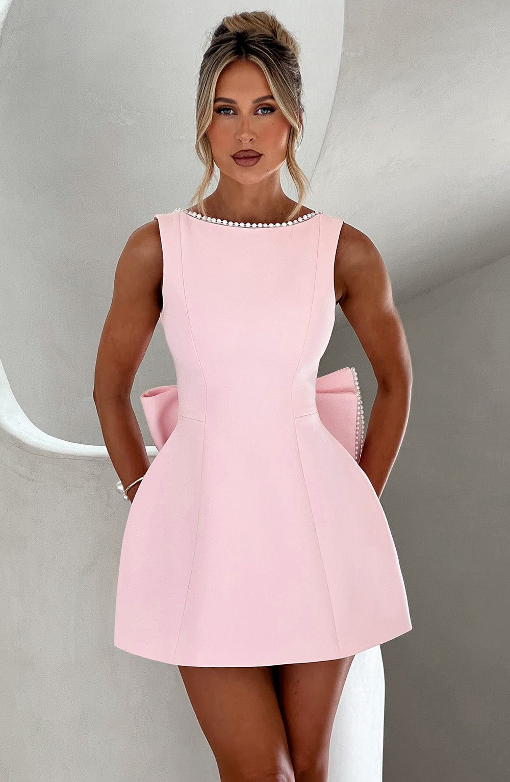 Alethea | Women's Wedding Guest Blush Pink Structured Mini Dress