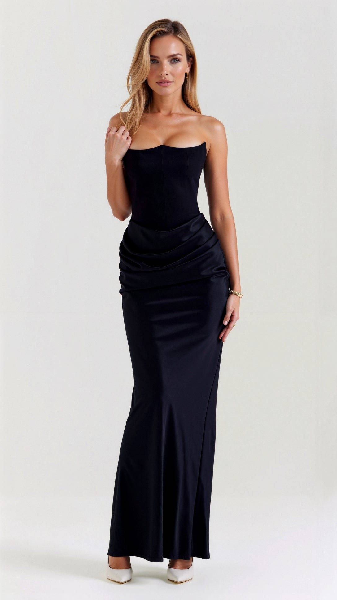 Astrid | Elegant Women's Wedding Guest Column Maxi Dress in Black Satin
