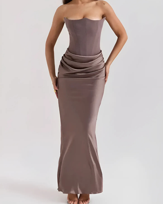 Astrid | Women’s Wedding Guest Draped Maxi Dress in Mauve Strapless Satin