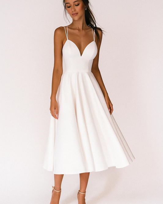 Astrid | Elegant White Women Wedding Guest Strappy Midi Dress