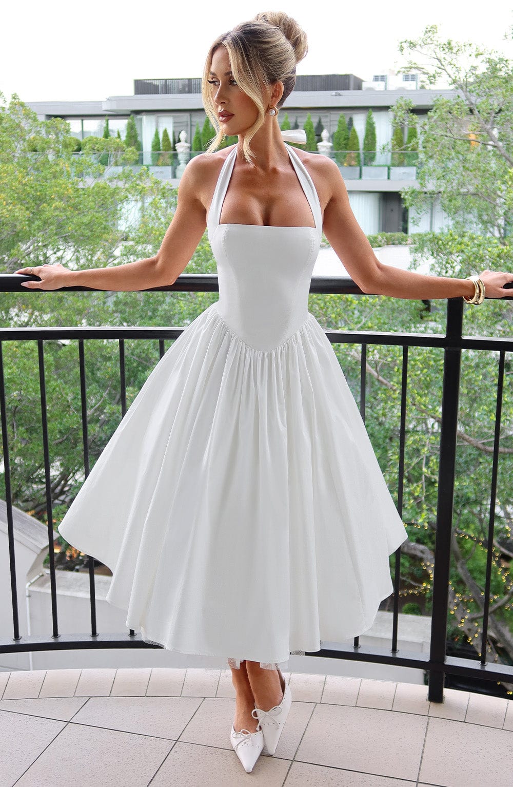 Astrid | Elegant White Women’s Wedding Guest Halter Midi Dress