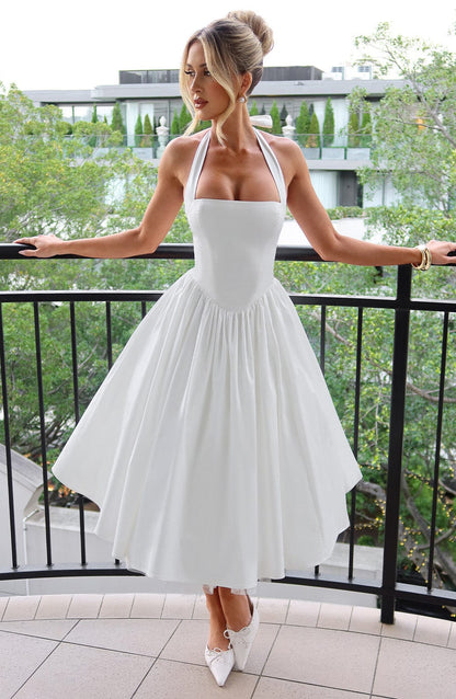Astrid | Elegant White Women’s Wedding Guest Halter Midi Dress