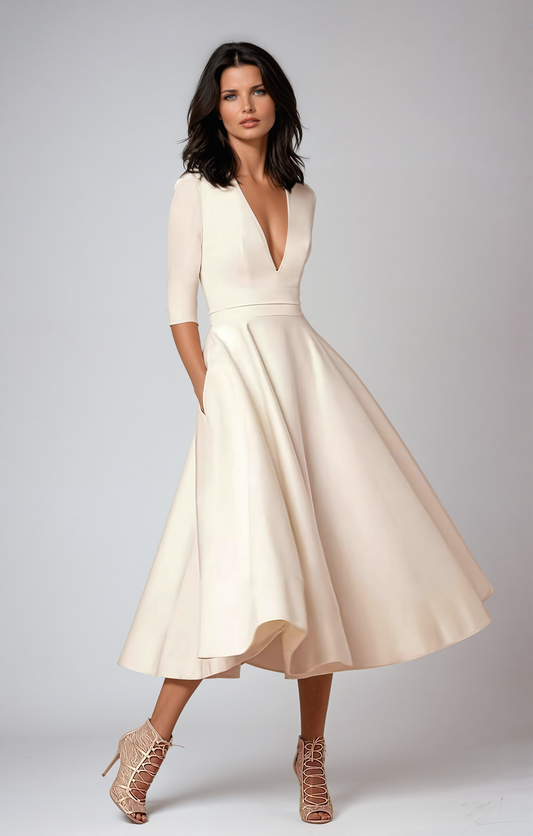 Women’s Wedding Guest Elegant Flared Midi Dress in Ivory Satin