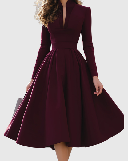 Calantha | Elegant Burgundy V-Neck Midi Dress