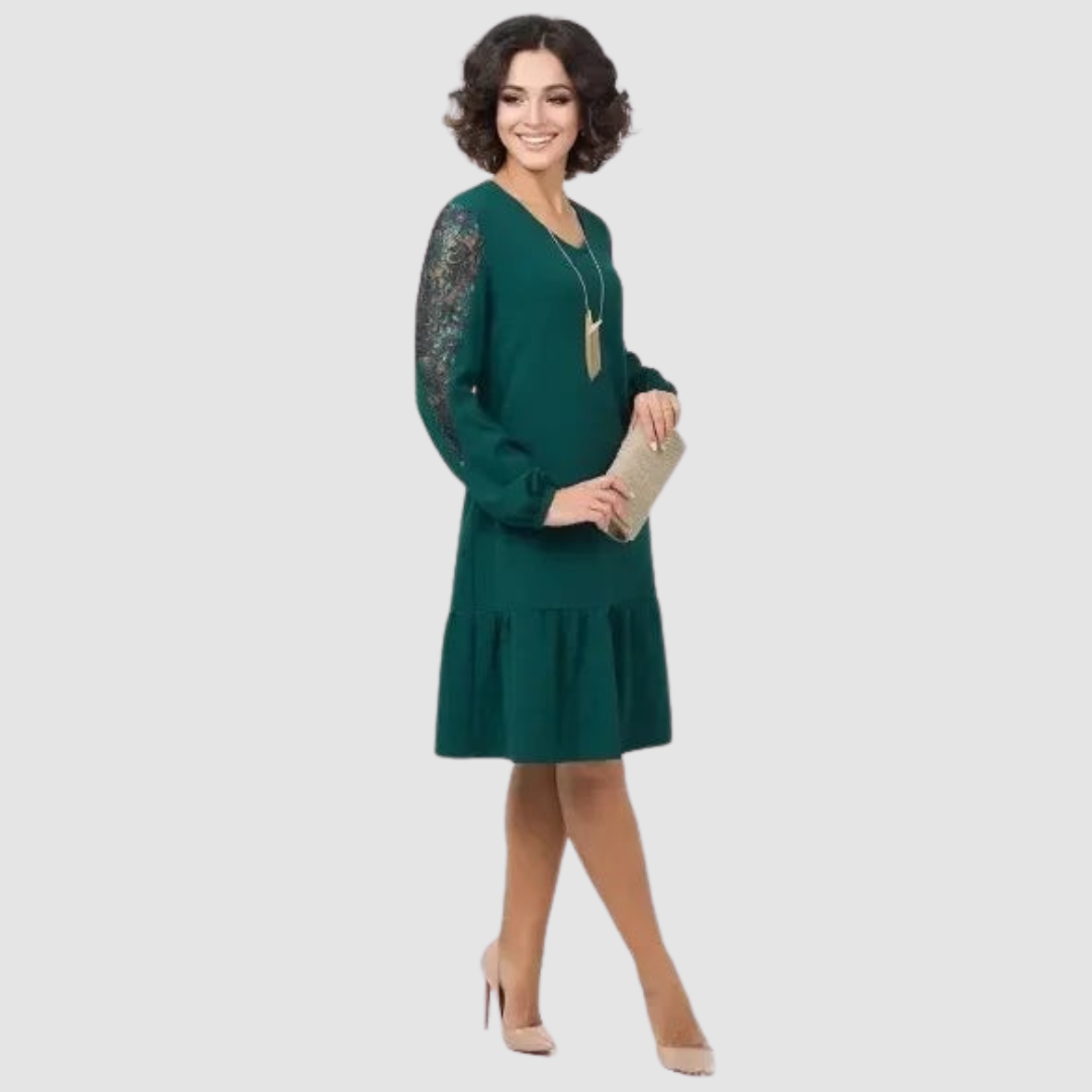Calantha | Navy Lace-Sleeve Midi Dress