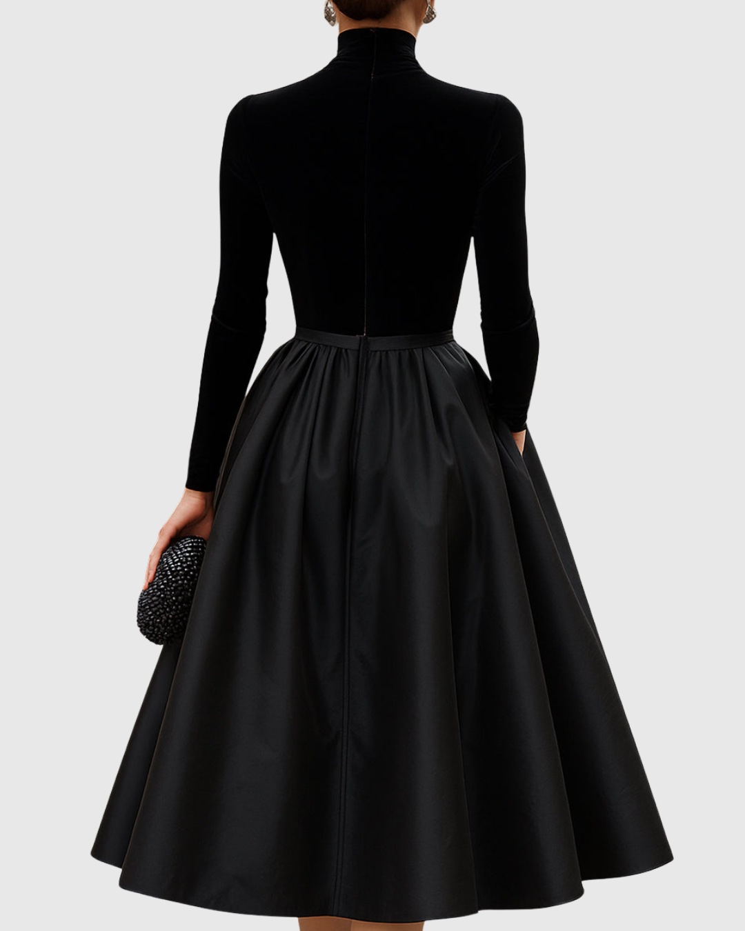 Calantha | Sophisticated Elegant Black Velvet And Satin Midi Dress