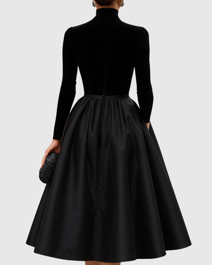 Calantha | Sophisticated Elegant Black Velvet And Satin Midi Dress