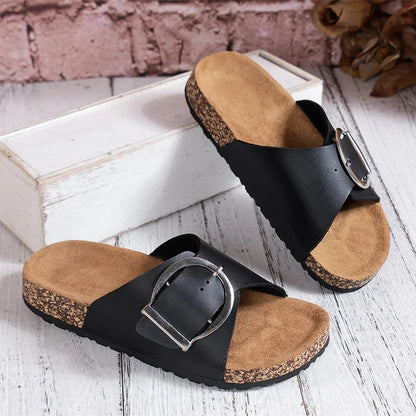 Calista | Black Buckle Mule Slide
