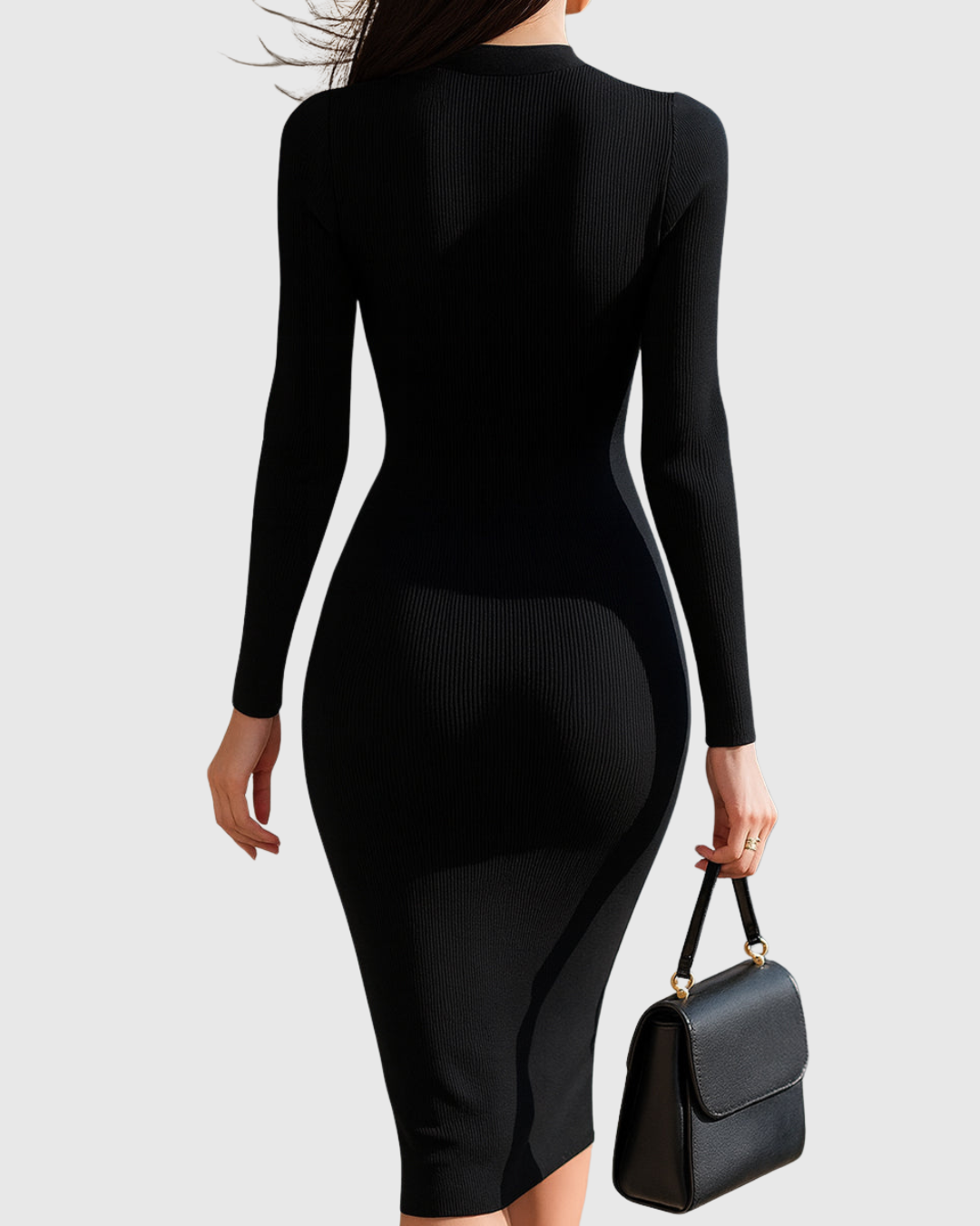 Calantha | Black Zip-Front Ribbed Knit Midi Dress