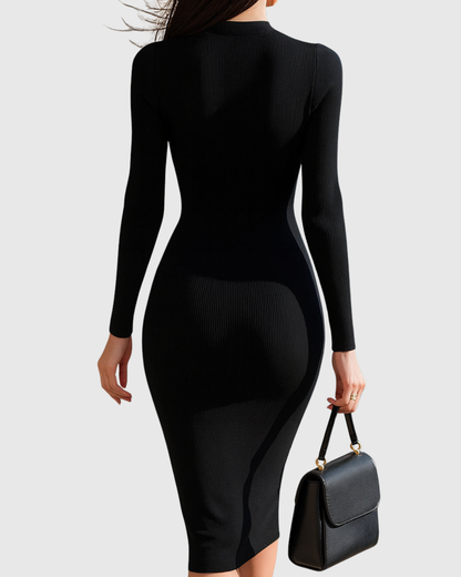 Calantha | Black Zip-Front Ribbed Knit Midi Dress