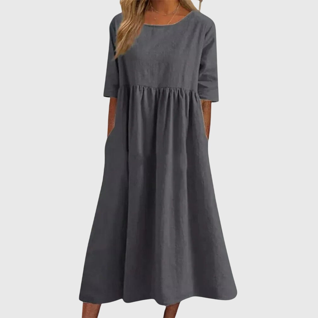 Alethea | Elegant White Linen Short-Sleeved Dress