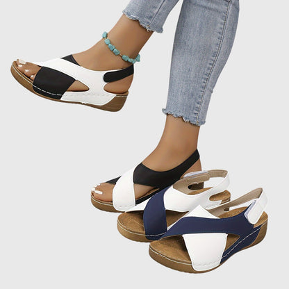Calista | Women's Navy Blue & White Distressed Leather Cross Strap Orthotic Sandals
