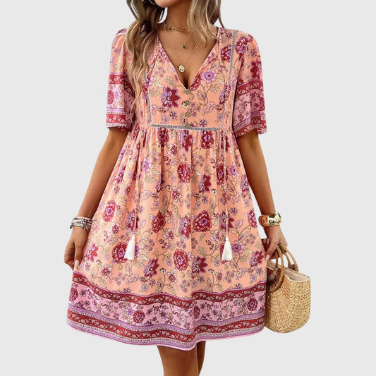 Calista | Peach Floral Elegant Dress