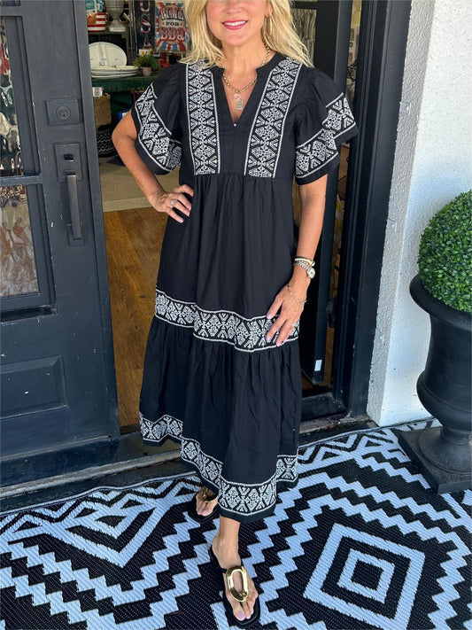 Astrid | Women’s Summer Boho V Neck Midi Dress in Black Embroidered