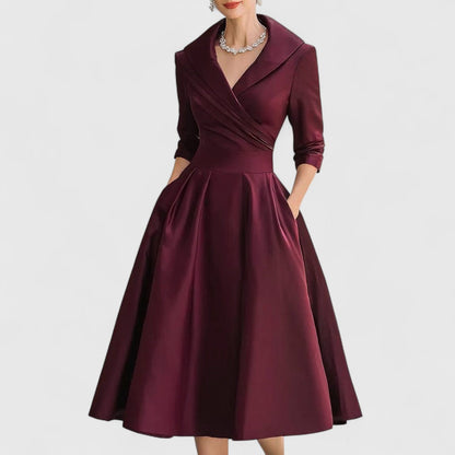 Alethea | Navy Blue Elegant Midi Dress with Satin Finish