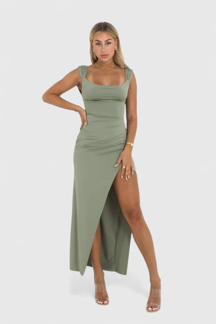 Calantha | Olive Elegant Maxi Dress with Slit