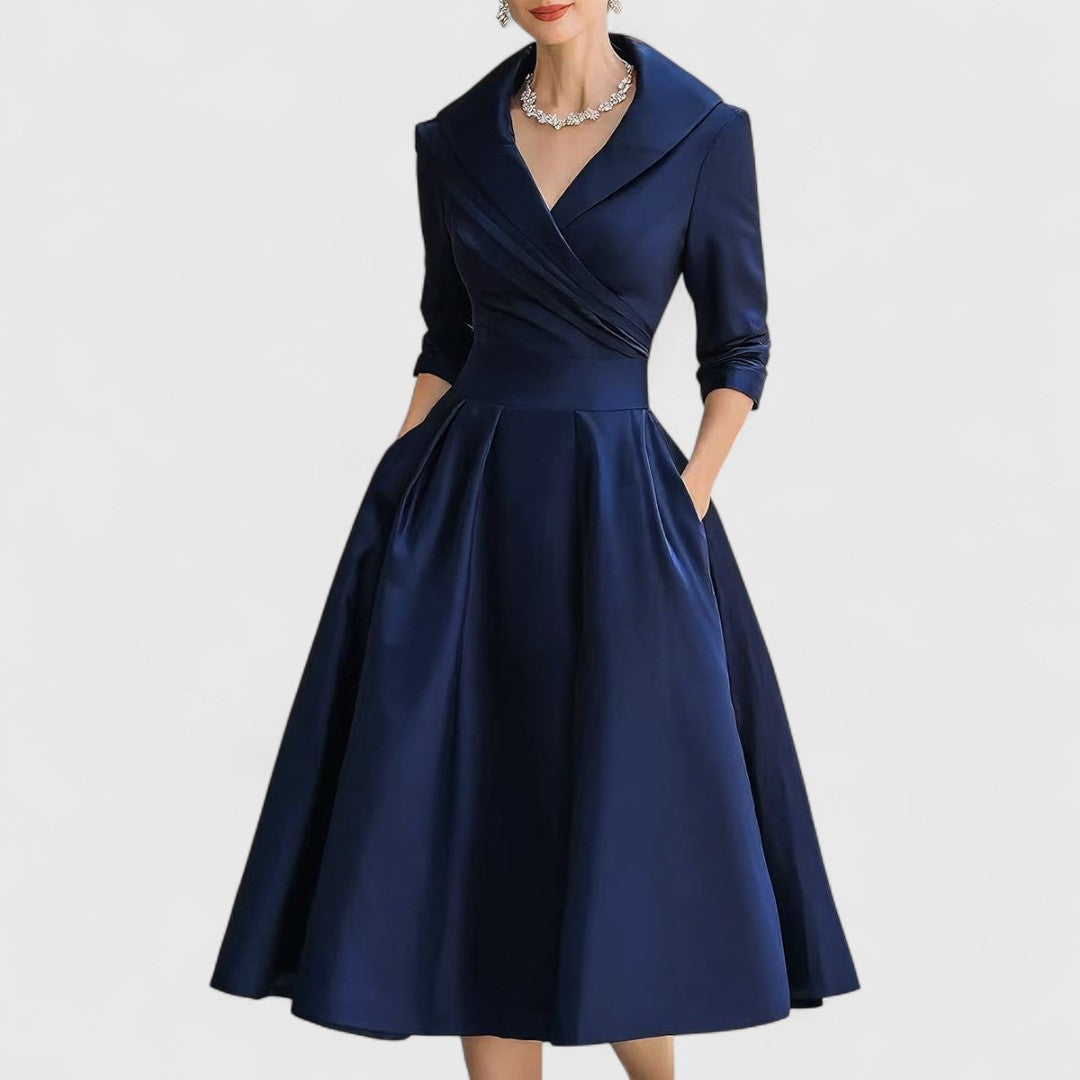 Alethea | Navy Elegant Midi Dress with Satin Finish