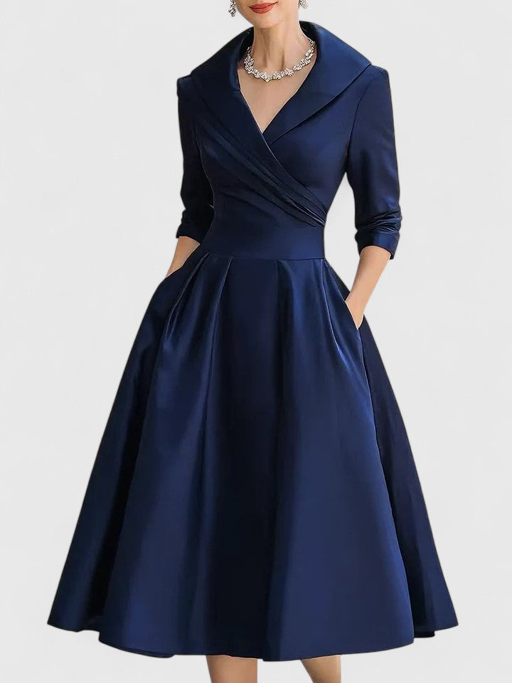 Astrid | Elegant Black Satin Midi Dress