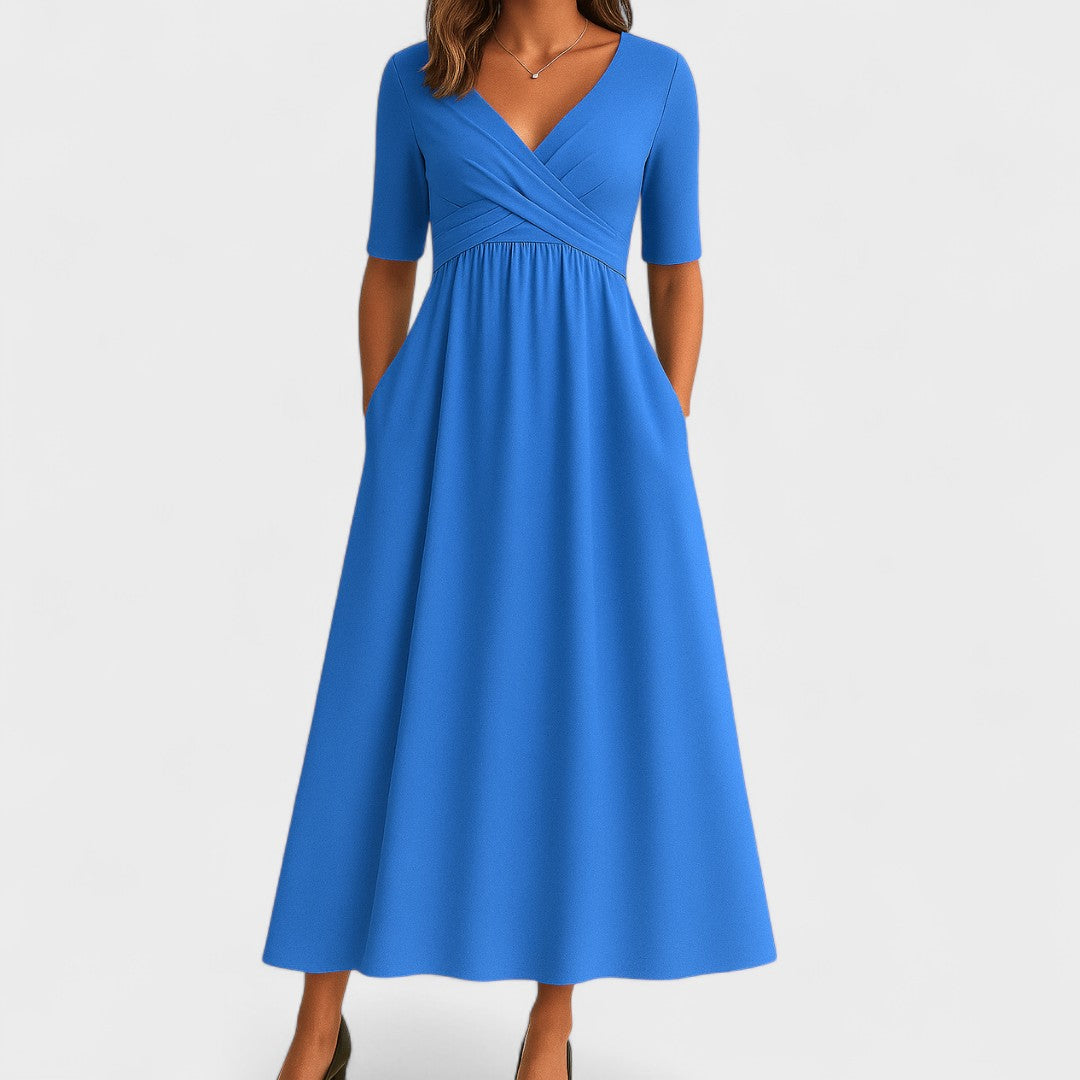 Astrid | Elegant Grey Midi Dress with V-Neck