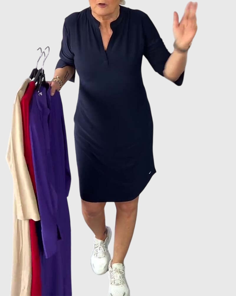 Alethea | Dark Navy Solid V-Neck Dress