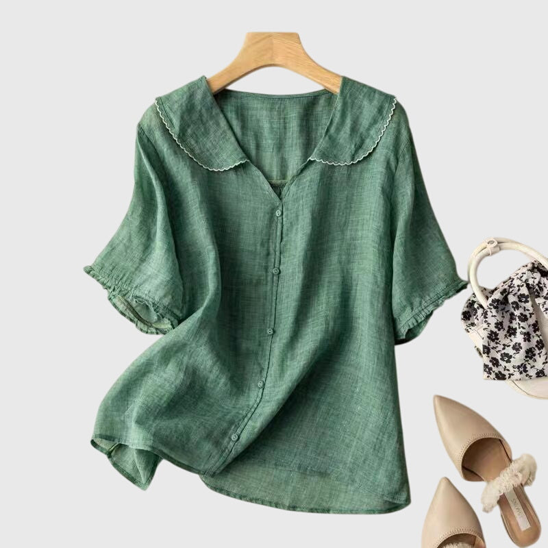 Alethea | Sophisticated Sage Green Linen Blouse with Peter Pan Collar