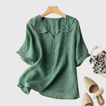 Alethea | Sophisticated Sage Green Linen Blouse with Peter Pan Collar