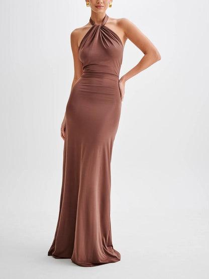 Calista | Elegant Brown Halter Maxi Dress