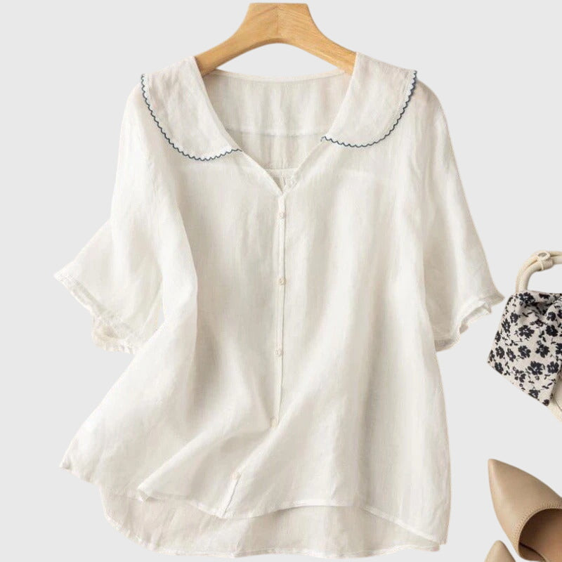 Alethea | Sophisticated Sage Green Linen Blouse with Peter Pan Collar