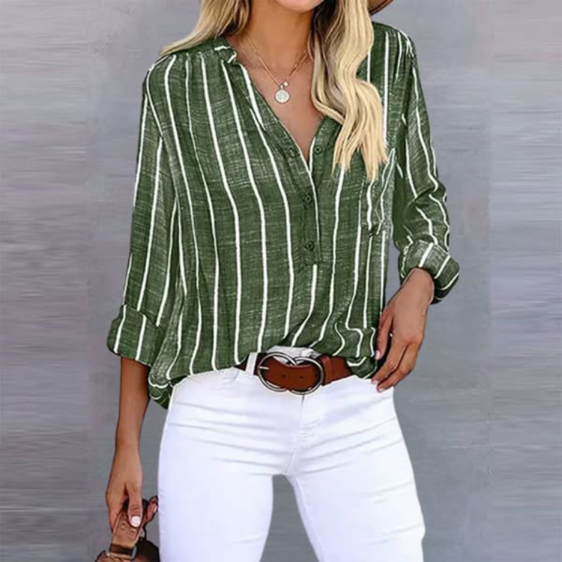 Calista | Women's Striped Blue Linen Long Sleeve Button Top