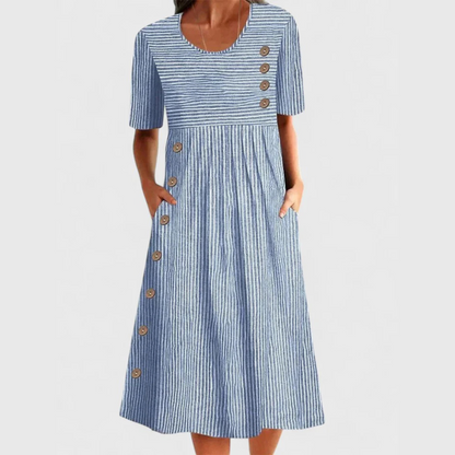 Astrid | Blue Striped Midi Dress with Buttons