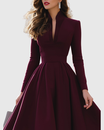 Calantha | Elegant Burgundy V-Neck Midi Dress