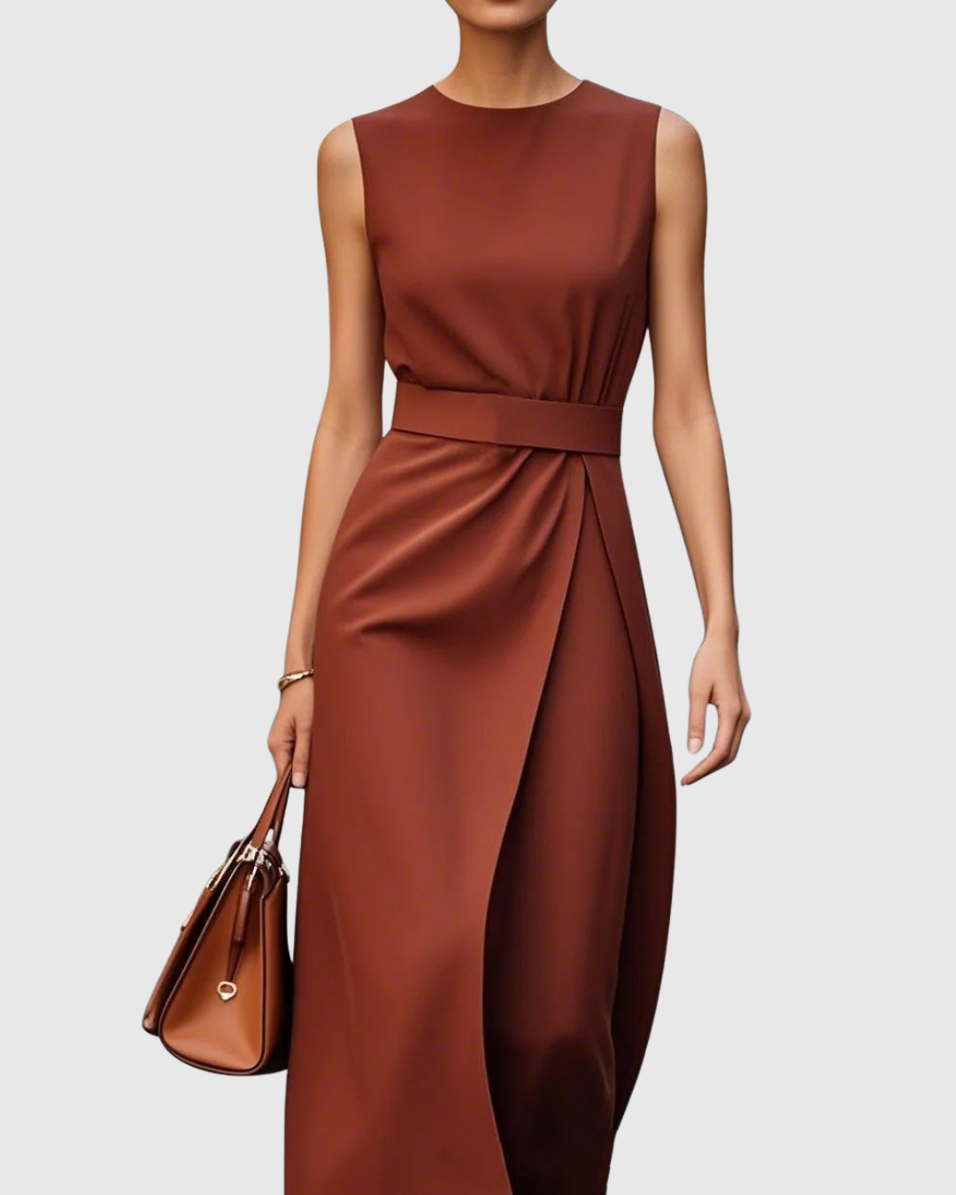 Aurelia | Elegant Round Neck Dress in Burnt Orange