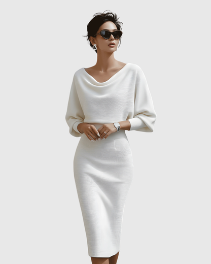 Calantha | Navy Blue Draped Batwing Midi Dress