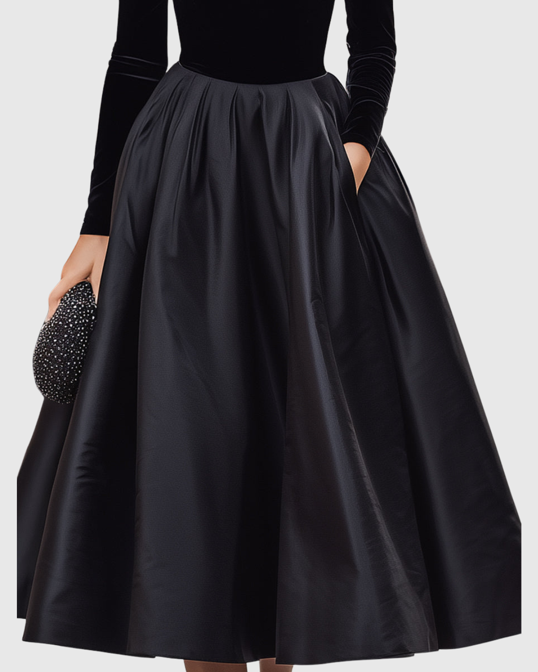 Calantha | Sophisticated Elegant Black Velvet And Satin Midi Dress