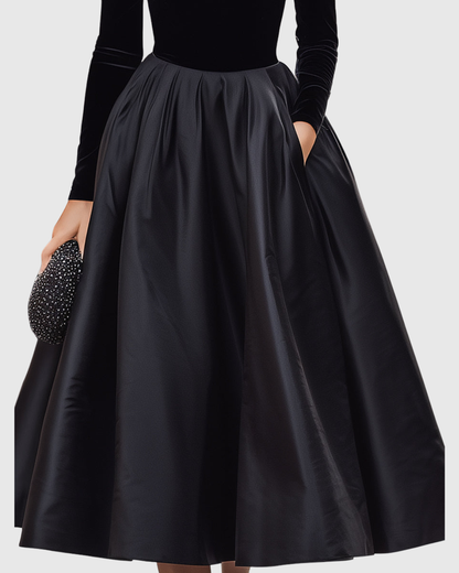 Calantha | Sophisticated Elegant Black Velvet And Satin Midi Dress
