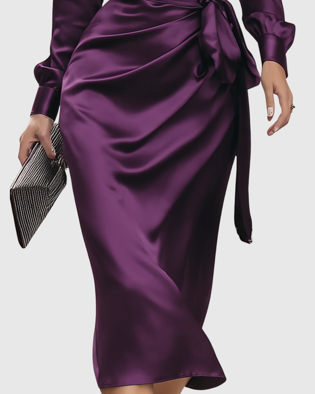 Calantha | Rich Deep Plum Luxe Satin Wrap Midi Dress