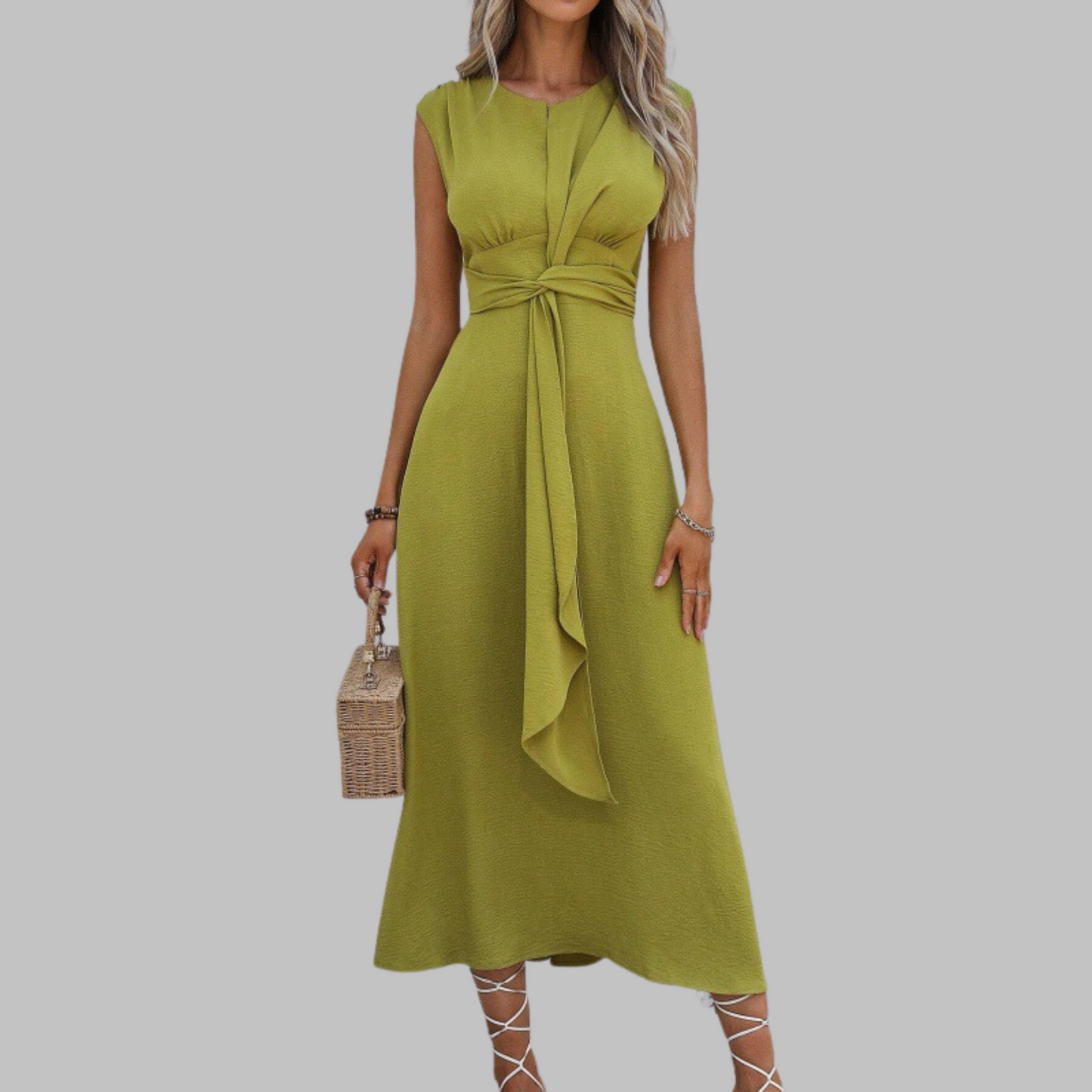 Alethea | Women’s Sleeveless Belted A Line Midi Dress in Emerald Green