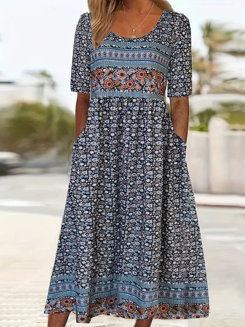 Calista | Boho Chic Printed Midi Dress with Short Sleeves in Floral Pattern