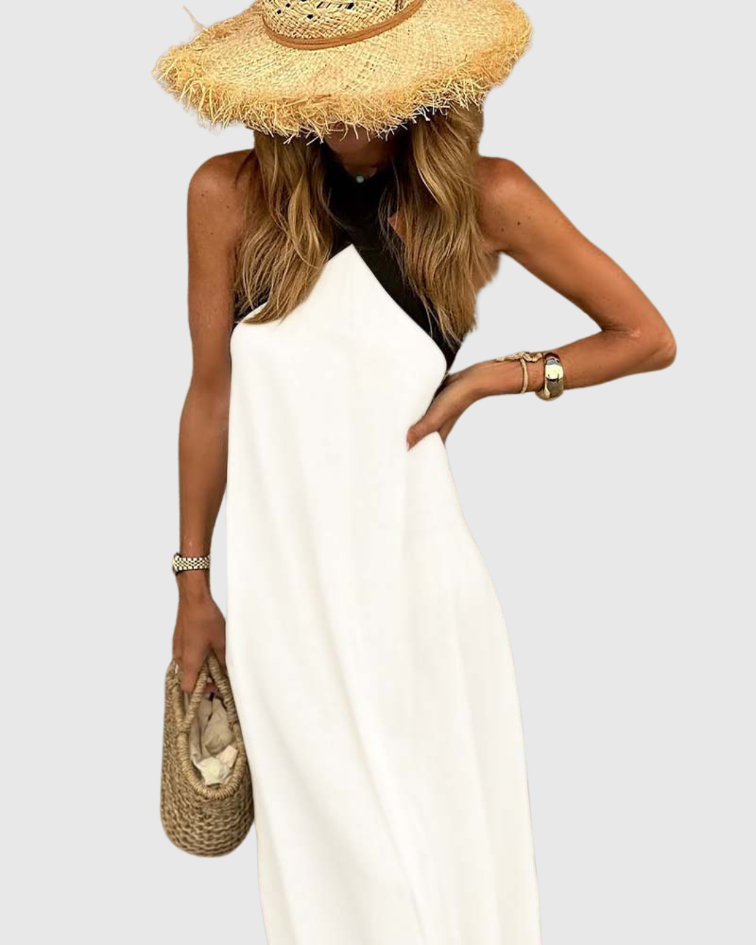 Calantha | Elegant White & Black Cross-Neck Dress