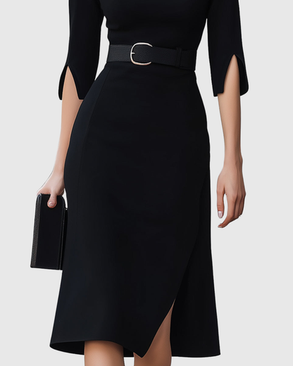 Calantha | Elegant Classic Black Midi Dress with Asymmetrical Hem