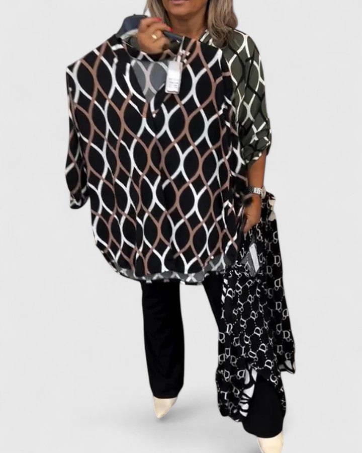 Astrid | Navy Patterned Elegant Blouse