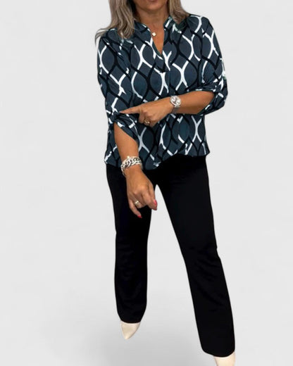 Astrid | Navy Patterned Elegant Blouse