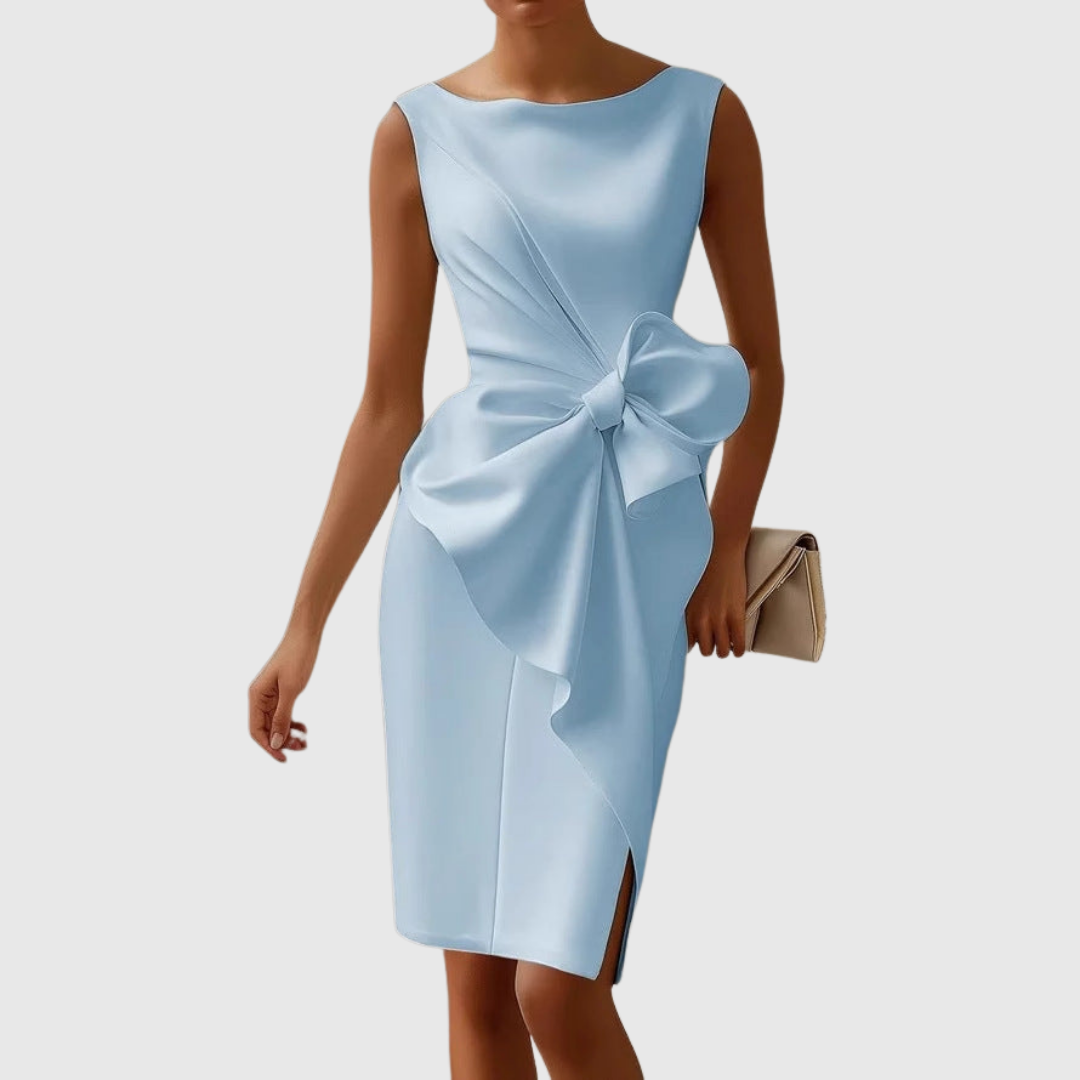 Calista | Elegant Black Sleeveless Midi Dress with Bow Detail