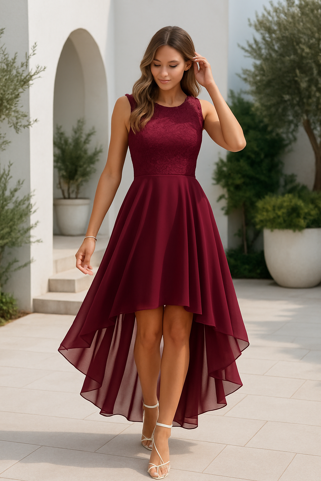 Alethea | Women’s Wedding Guest High-Low Elegant Red Lace Dress